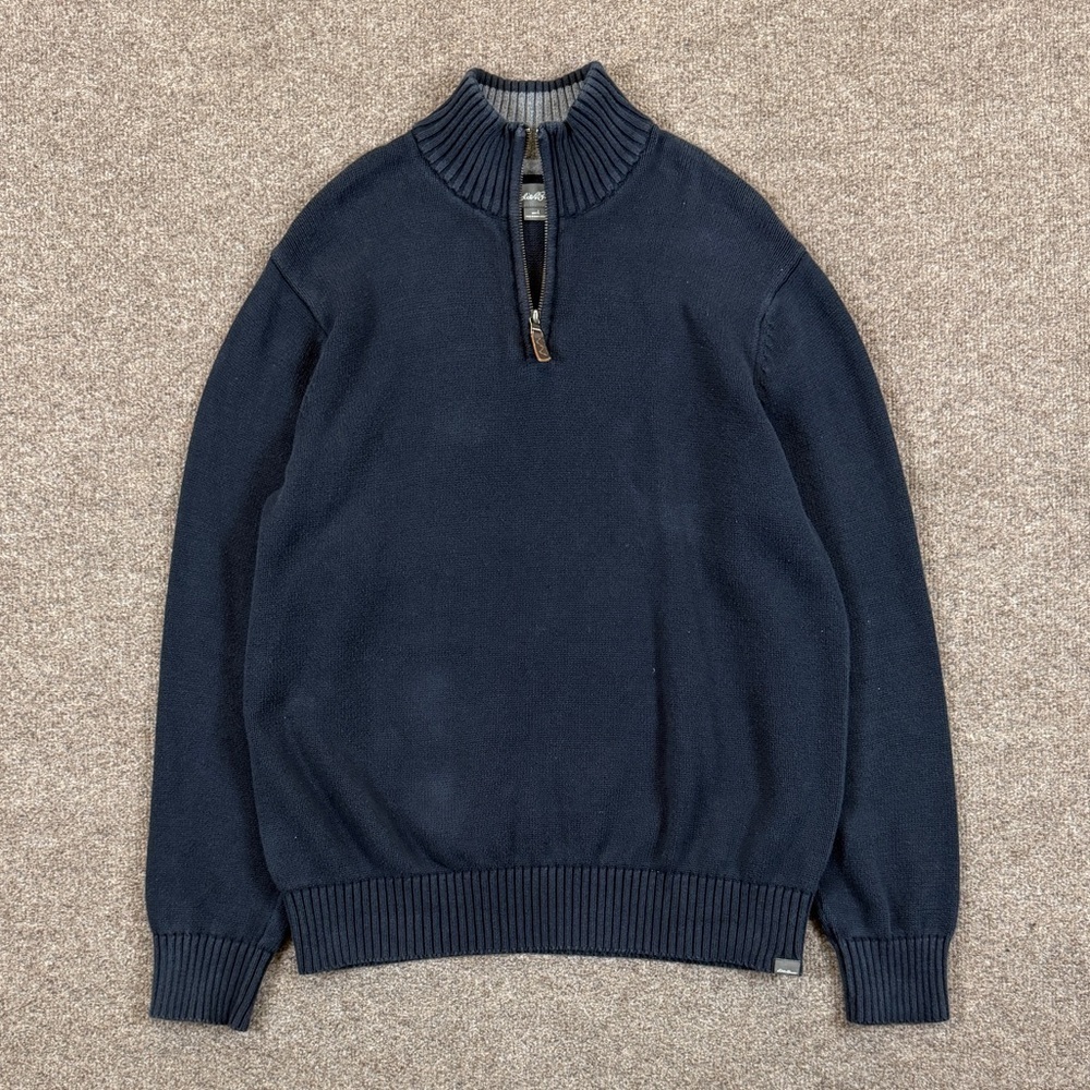Eddie Bauer Navy 1/4 Zip Mock Neck Pullover Cotton Knit Sweater Men’s L Preppy